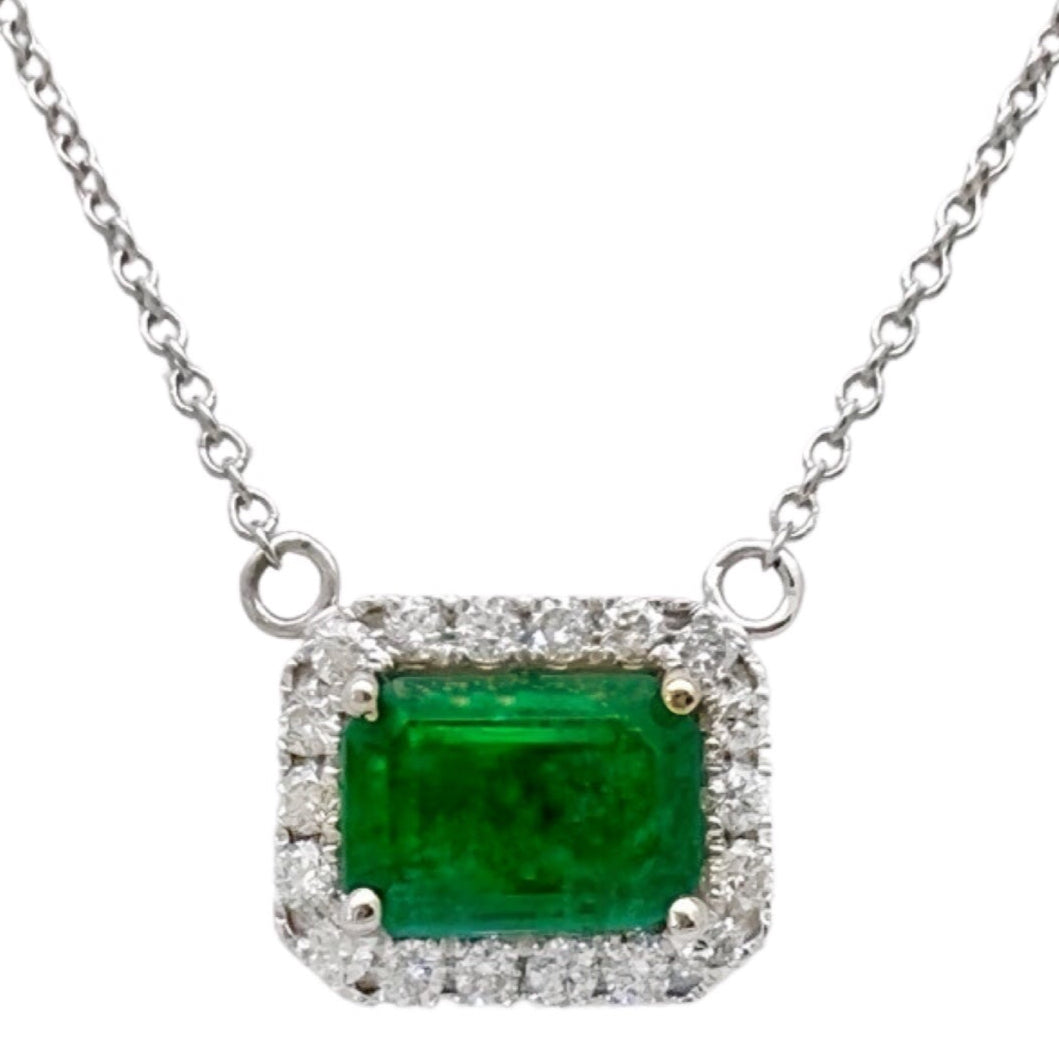 0.82 Cts Emerald F2 Brazilian Cert. & 0.31 Cts Diamond Necklace 14K White Gold