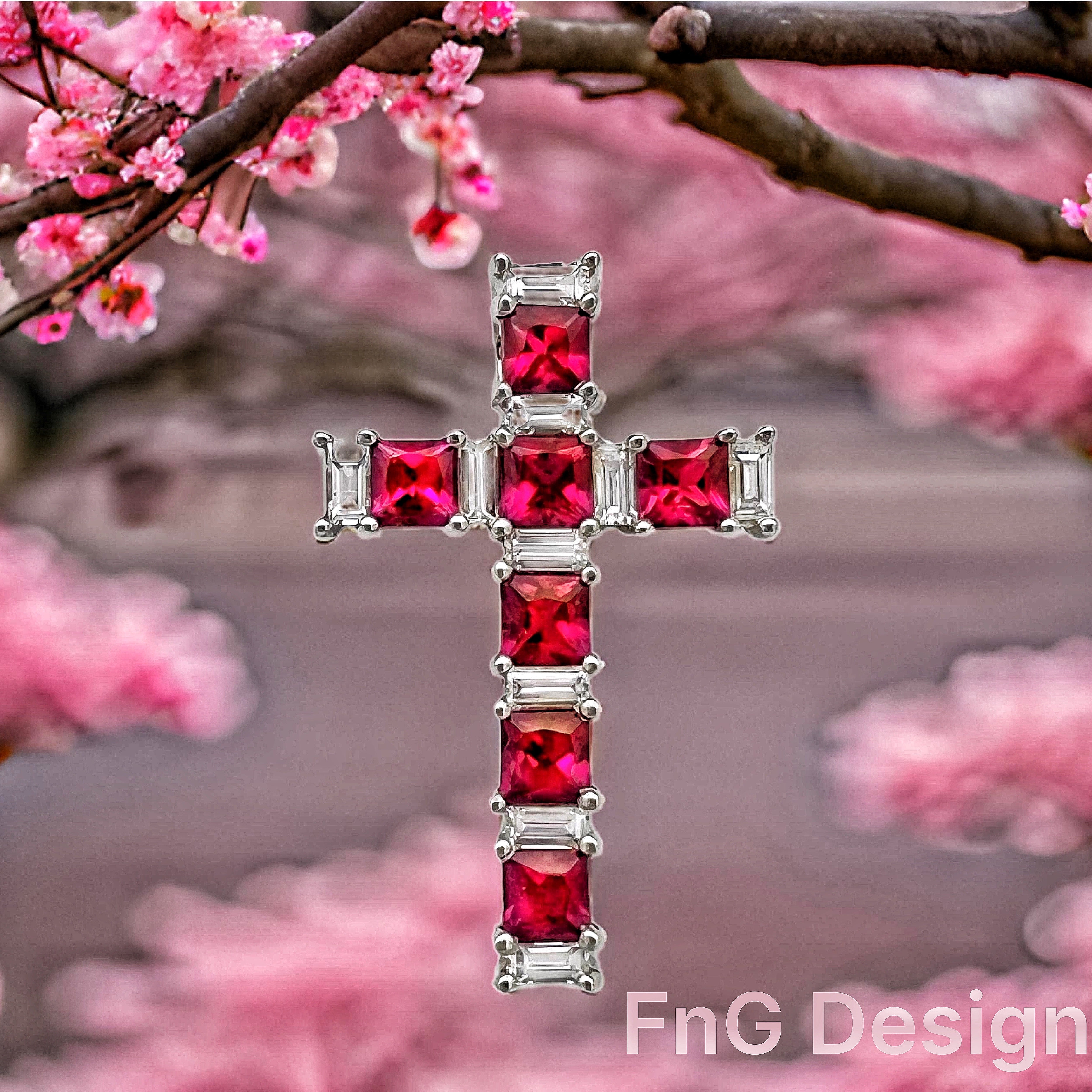 1.08Cts Rubies Burma(Certified) & 0.38Cts Diamonds 14K White Gold Cross W/Chain