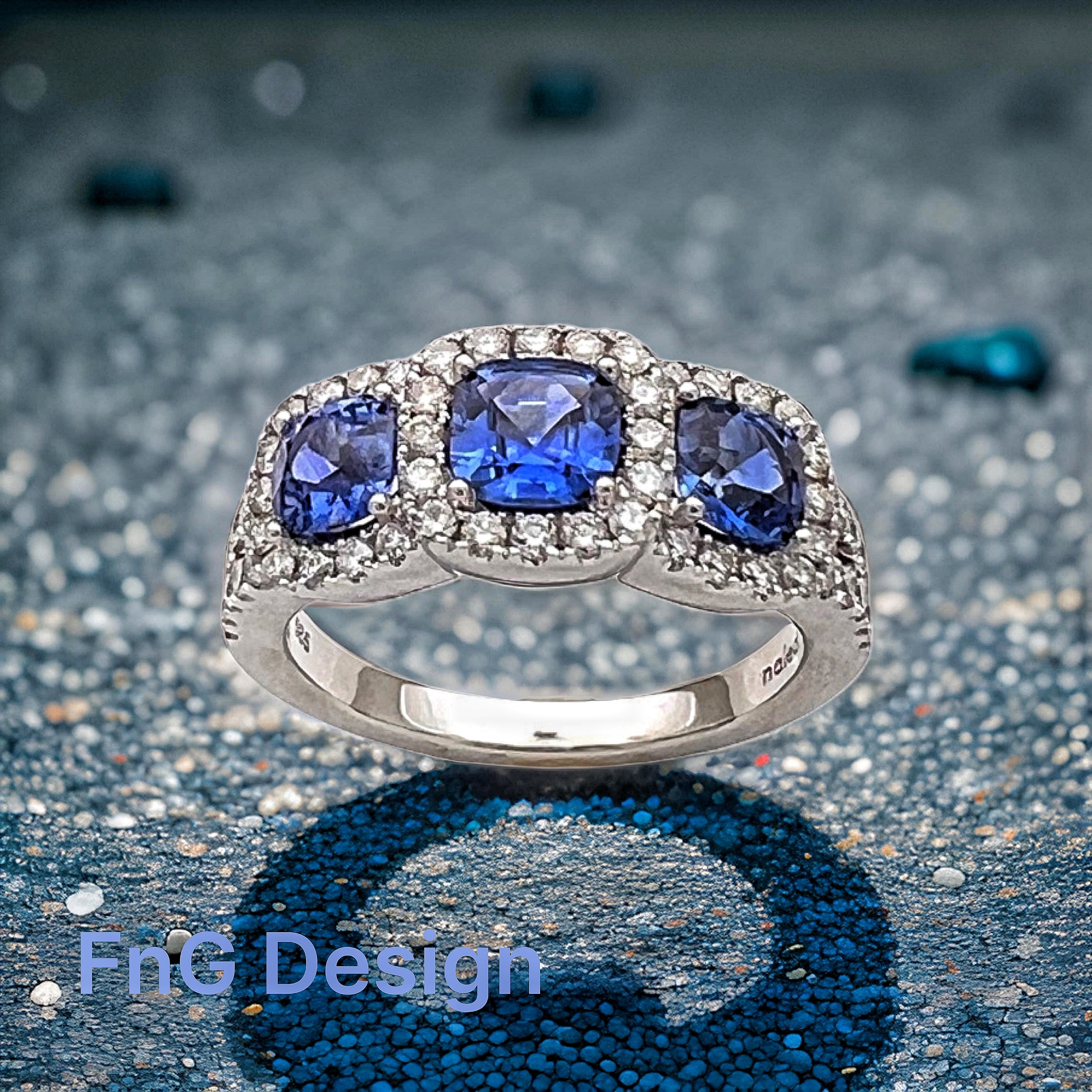 1.56Cts Sapphires Ceylon(Med Blue) 0.75Cts Diamonds 14K White Gold Ring