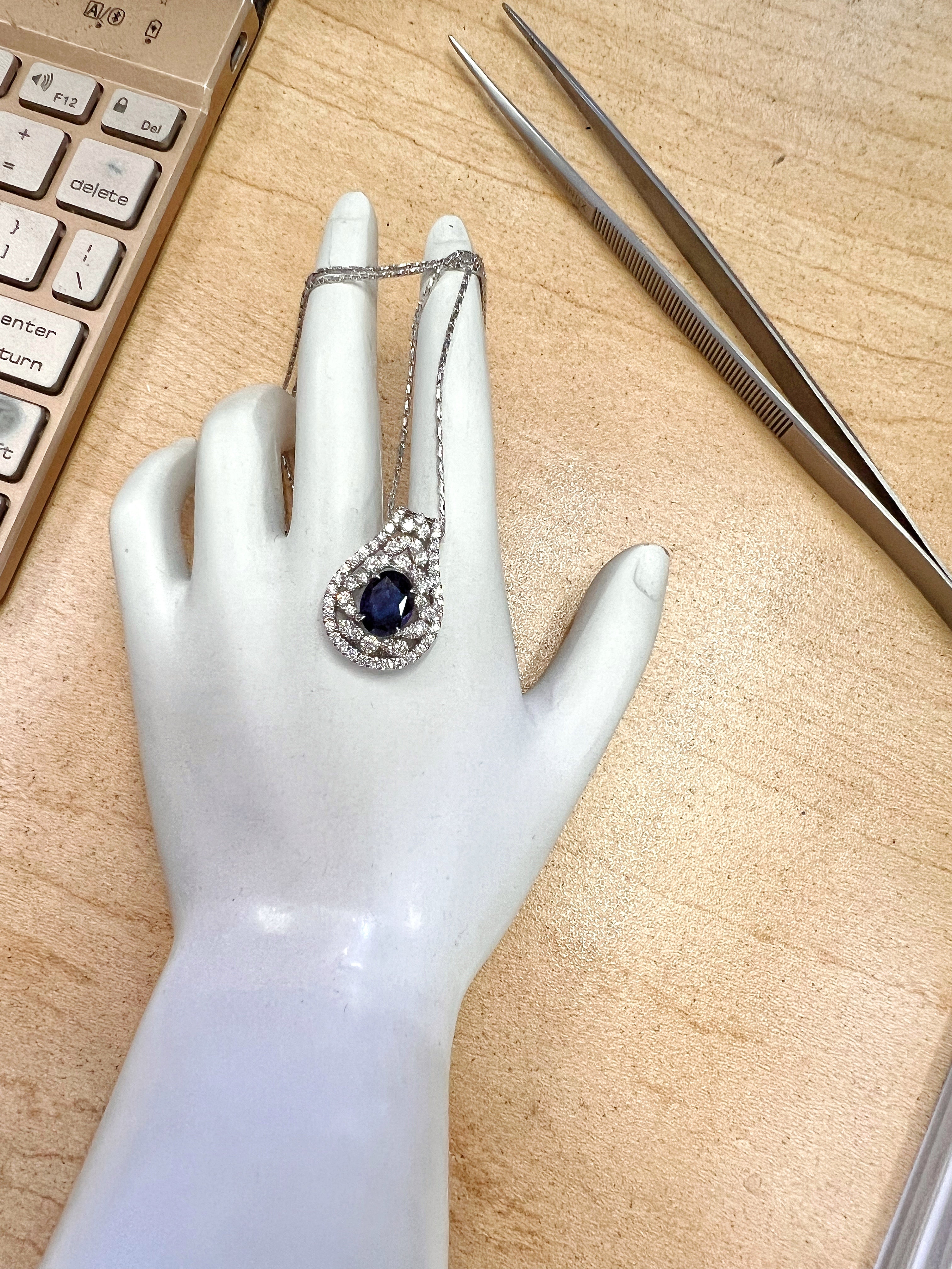 1.96Cts Ceylon Sapphire Color Change Certified & 1.48Cts Dia 18K White Gold Pendant-Chain