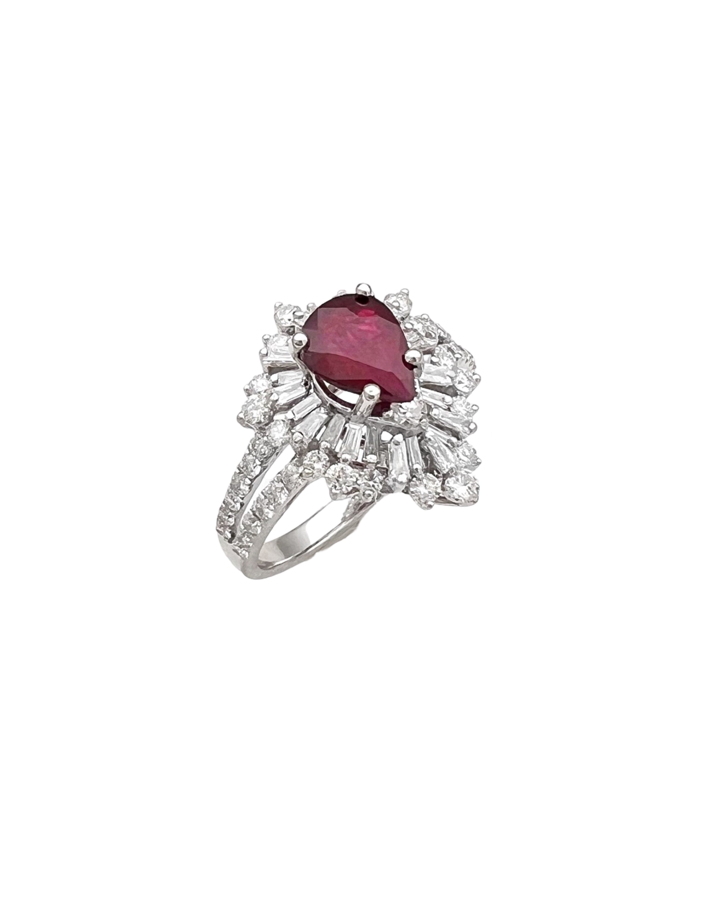 1.287 Cts Ruby Burma(Myanmar) Certified & 1.24 Cts Diamonds 18K White Gold Ring